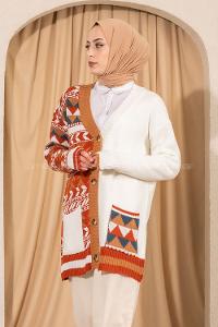 Modalamelif V Yaka Önü Düğmeli Renk Garnili Etnik Desen Triko Hırka Ekru
