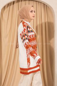 Modalamelif V Yaka Önü Düğmeli Renk Garnili Etnik Desen Triko Hırka Ekru