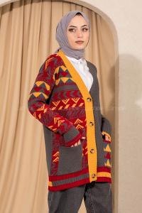 Modalamelif V Yaka Önü Düğmeli Renk Garnili Etnik Desen Triko Hırka Füme