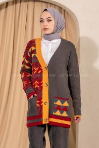 Modalamelif V Yaka Önü Düğmeli Renk Garnili Etnik Desen Triko Hırka Füme
