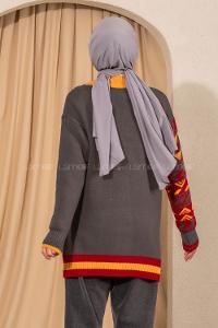 Modalamelif V Yaka Önü Düğmeli Renk Garnili Etnik Desen Triko Hırka Füme