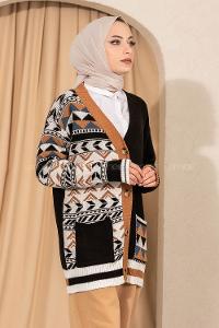 Modalamelif V Yaka Önü Düğmeli Renk Garnili Etnik Desen Triko Hırka Siyah