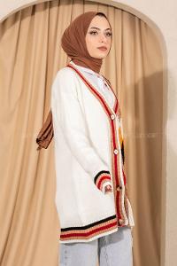 Modalamelif V Yaka Önü Düğmeli Renk Garnili Triko Hırka Ekru