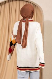 Modalamelif V Yaka Önü Düğmeli Renk Garnili Triko Hırka Ekru