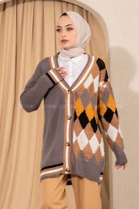 Modalamelif V Yaka Önü Düğmeli Renk Garnili Triko Hırka Gri