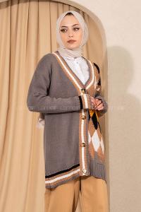 Modalamelif V Yaka Önü Düğmeli Renk Garnili Triko Hırka Gri