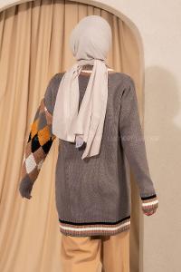 Modalamelif V Yaka Önü Düğmeli Renk Garnili Triko Hırka Gri