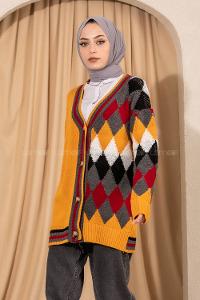 üğmeli Renk Garnili Triko Hırka Hardal