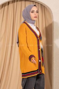 üğmeli Renk Garnili Triko Hırka Hardal