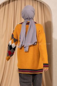 üğmeli Renk Garnili Triko Hırka Hardal