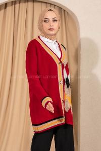 Modalamelif V Yaka Önü Düğmeli Renk Garnili Triko Hırka Kırmızı