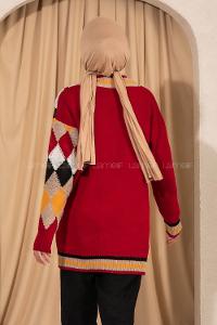 Modalamelif V Yaka Önü Düğmeli Renk Garnili Triko Hırka Kırmızı