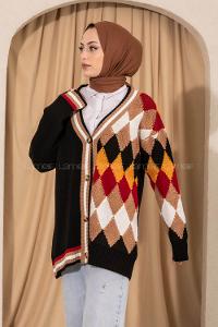 Modalamelif V Yaka Önü Düğmeli Renk Garnili Triko Hırka Siyah