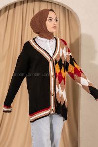 Modalamelif V Yaka Önü Düğmeli Renk Garnili Triko Hırka Siyah