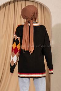 Modalamelif V Yaka Önü Düğmeli Renk Garnili Triko Hırka Siyah