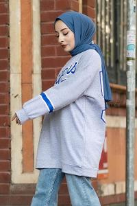 Modalamelif Bisiklet Yaka Dodgers Yazı Baskılı Tunik Gri