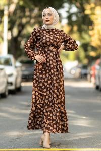 Modalamelif Bisiklet Yaka Yaprak Desenli Kemer Detaylı Süet Elbise Kahverengi