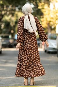 Modalamelif Bisiklet Yaka Yaprak Desenli Kemer Detaylı Süet Elbise Kahverengi