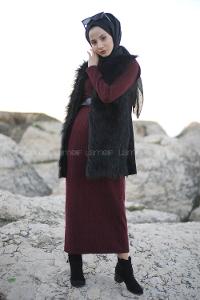 Modalamelif Bordo Fitilli Triko Elbise