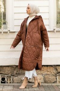 Modalamelif Kapitone Desenli Kapüşonlu Çift Cepli Mont Kahverengi