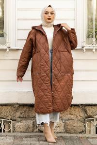 Modalamelif Kapitone Desenli Kapüşonlu Çift Cepli Mont Kahverengi