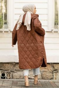 Modalamelif Kapitone Desenli Kapüşonlu Çift Cepli Mont Kahverengi