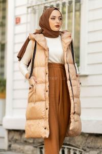 Modalamelif Kapüşonlu Çift Cepli Fermuarlı Şişme Mont Yelek Sütlü Kahve
