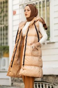 Modalamelif Kapüşonlu Çift Cepli Fermuarlı Şişme Mont Yelek Sütlü Kahve