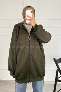 Modalamelif Saç Örgü Kapüşon Detaylı Çift Cepli Hırka Haki