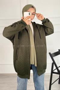 Modalamelif Saç Örgü Kapüşon Detaylı Çift Cepli Hırka Haki