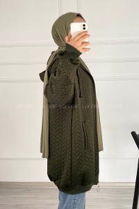 Modalamelif Saç Örgü Kapüşon Detaylı Çift Cepli Hırka Haki