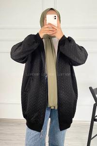 Modalamelif Saç Örgü Kapüşon Detaylı Çift Cepli Hırka Siyah