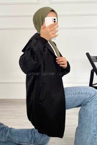 Modalamelif Saç Örgü Kapüşon Detaylı Çift Cepli Hırka Siyah