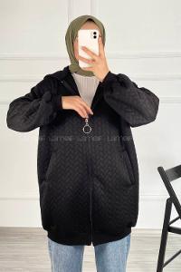 Modalamelif Saç Örgü Kapüşon Detaylı Çift Cepli Hırka Siyah