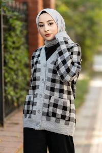 Modalamelif V Yaka Önü Düğmeli Ekose Desenli Çift Cepli Hırka Gri-Siyah