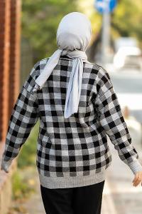 Modalamelif V Yaka Önü Düğmeli Ekose Desenli Çift Cepli Hırka Gri-Siyah