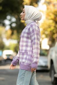 Modalamelif V Yaka Önü Düğmeli Ekose Desenli Çift Cepli Hırka Lila