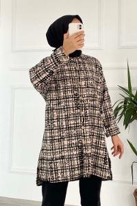 Modalamelif Yazı Baskılı Kare Desenli Gömlek Tunik Pudra