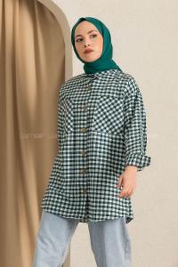 Modalamelif Ekose Desenli Yırtmaç Detaylı Çift Cepli Gömlek Beyaz-Haki