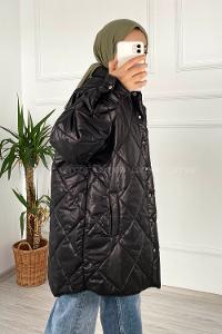 Modalamelif Kapitone Desenli Çift Cepli Çıtçıtlı Mont Siyah