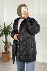 Modalamelif Kapitone Desenli Çift Cepli Çıtçıtlı Mont Siyah