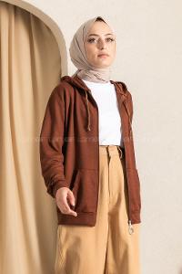 Modalamelif Kapüşon Detaylı Kanguru Cepli Fermuarlı Hırka AcıKahve