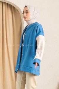 Modalamelif Kol Renk Garnili Çıtçıt Düğmeli Çift Cepli Kolej Hırka Mavi