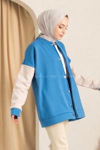 Modalamelif Kol Renk Garnili Çıtçıt Düğmeli Çift Cepli Kolej Hırka Mavi