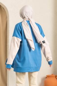 Modalamelif Kol Renk Garnili Çıtçıt Düğmeli Çift Cepli Kolej Hırka Mavi