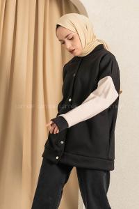 Modalamelif Kol Renk Garnili Çıtçıt Düğmeli Çift Cepli Kolej Hırka Siyah