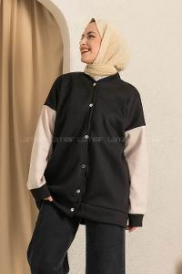 Modalamelif Kol Renk Garnili Çıtçıt Düğmeli Çift Cepli Kolej Hırka Siyah
