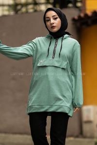 Modalamelif Önü Yarım Fermuar Detaylı Kapüşonlu Yırtmaçlı Tunik Çağla Yeşili