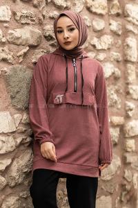 Modalamelif Önü Yarım Fermuar Detaylı Kapüşonlu Yırtmaçlı Tunik Gül
