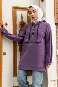 Modalamelif Önü Yarım Fermuar Detaylı Kapüşonlu Yırtmaçlı Tunik Mor
